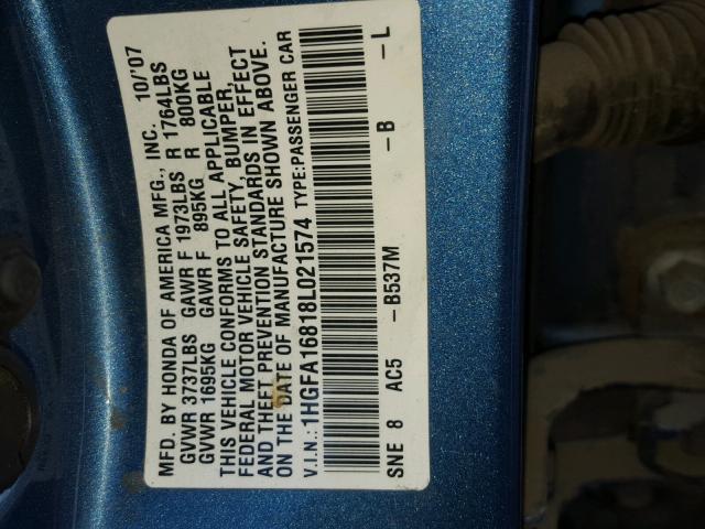 1HGFA16818L021574 - 2008 HONDA CIVIC EX ლურჯი ფოტო 10