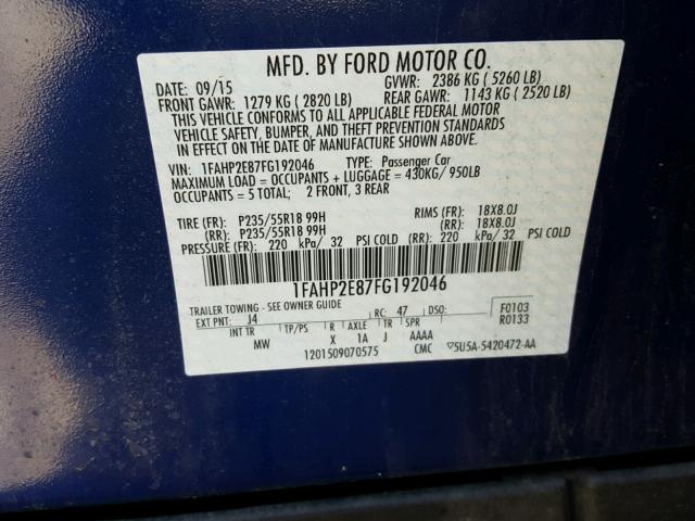 1FAHP2E87FG192046 - 2015 FORD TAURUS SEL BLUE photo 10