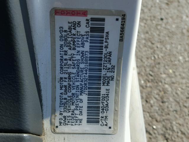 JTDDR32T440168973 - 2004 TOYOTA CELICA WHITE photo 10