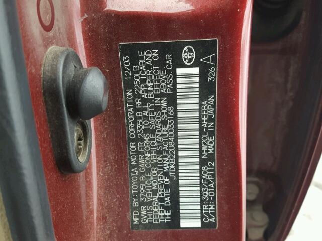 JTDKB22U840033168 - 2004 TOYOTA PRIUS RED photo 10