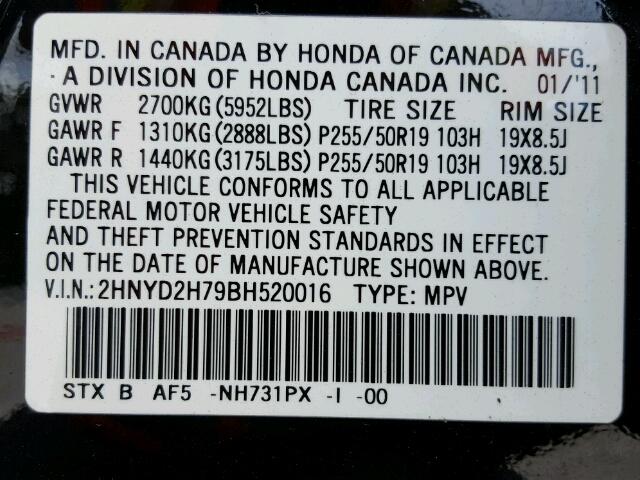 2HNYD2H79BH520016 - 2011 ACURA MDX ADVANC BLACK photo 10