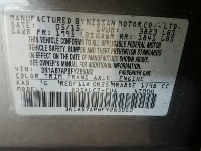 3N1AB7AP8FY285082 - 2015 NISSAN SENTRA S GRAY photo 10