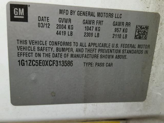 1G1ZC5E0XCF313586 - 2012 CHEVROLET MALIBU 1LT თეთრი ფოტო 10