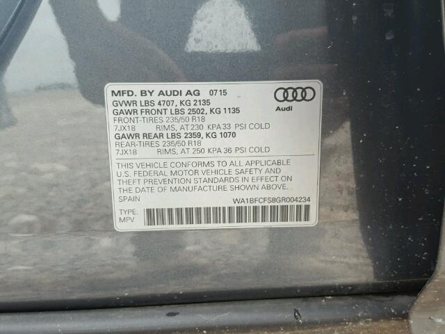 WA1BFCFS8GR004234 - 2016 AUDI Q3 PREMIUM GRAY photo 10