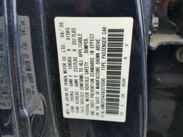 JHMCP264X8C070595 - 2008 HONDA ACCORD LXP BLUE photo 10