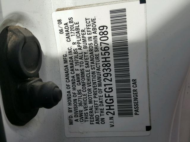 2HGFG12938H567089 - 2008 HONDA CIVIC EXL თეთრი ფოტო 10