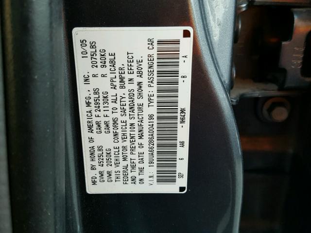 19UUA66286A004196 - 2006 ACURA 3.2TL GRAY photo 10