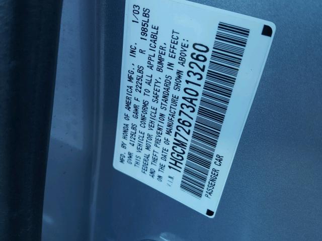 1HGCM72673A013260 - 2003 HONDA ACCORD GRAY photo 10