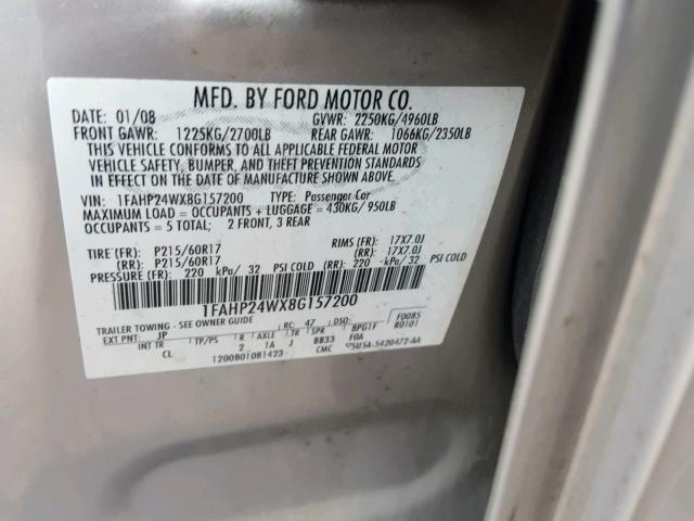 1FAHP24WX8G157200 - 2008 FORD TAURUS SEL SILVER photo 10