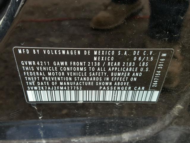 3VW2K7AJ2FM427752 - 2015 VOLKSWAGEN JETTA BASE 黑色 照片 10