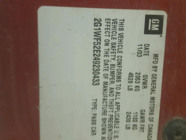 2G1WF52E249230433 - 2004 CHEVROLET IMPALA 红色 照片 10