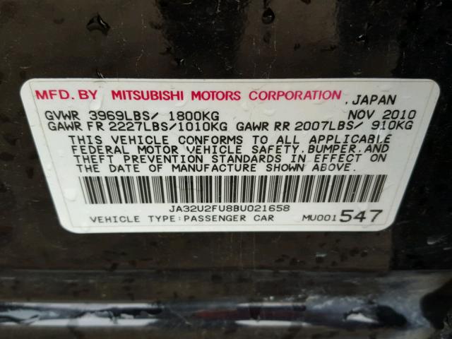 JA32U2FU8BU021658 - 2011 MITSUBISHI LANCER ES/ BLACK photo 10