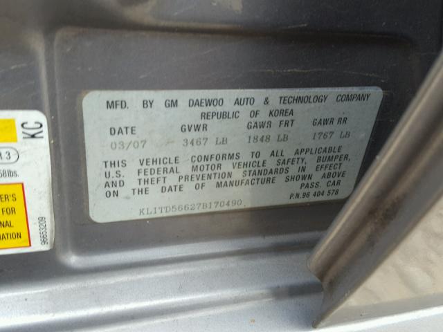 KL1TD56627B170490 - 2007 CHEVROLET AVEO BASE Szary zdjęcie 10
