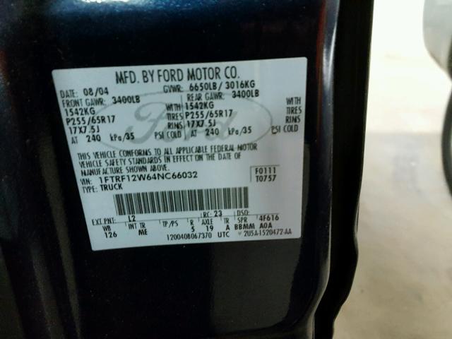 1FTRF12W64NC66032 - 2004 FORD F150 Bleu photo 10