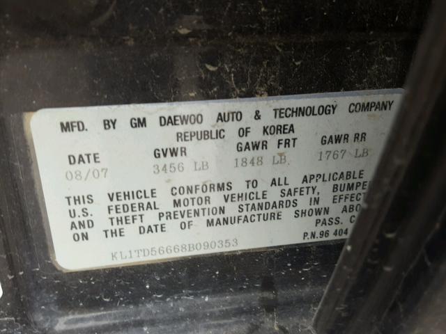 KL1TD56668B090353 - 2008 CHEVROLET AVEO BASE Սև լուսանկար 10