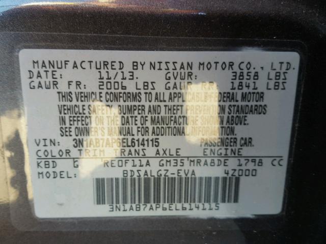 3N1AB7AP6EL614115 - 2014 NISSAN SENTRA S CHARCOAL photo 10