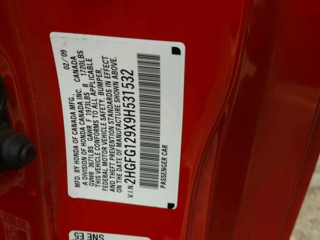 2HGFG129X9H531532 - 2009 HONDA CIVIC EXL RED photo 10