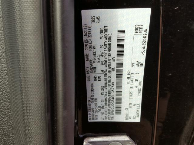 1FMCU0G74GUC52739 - 2016 FORD ESCAPE SE BLACK photo 10