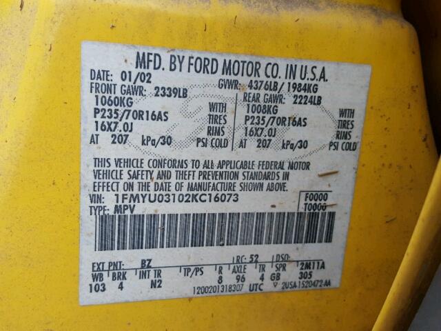 1FMYU03102KC16073 - 2002 FORD ESCAPE YELLOW photo 10