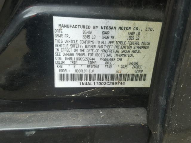 1N4AL11D02C259744 - 2002 NISSAN ALTIMA BLACK photo 10