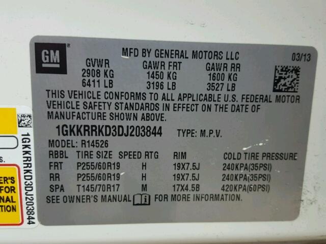 1GKKRRKD3DJ203844 - 2013 GMC ACADIA SLT თეთრი ფოტო 10