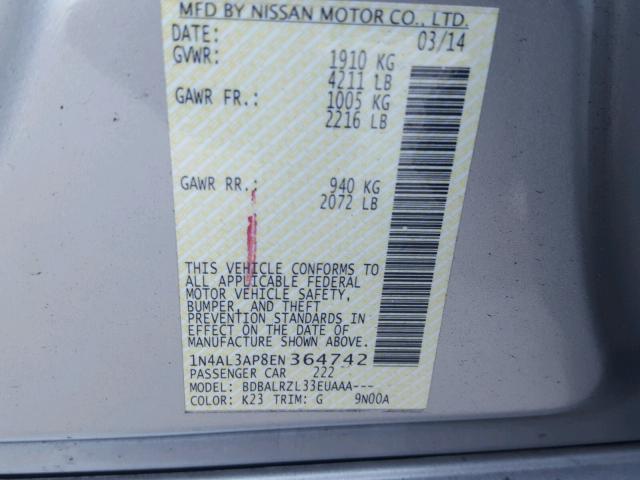 1N4AL3AP8EN364742 - 2014 NISSAN ALTIMA 2.5 SILVER photo 10