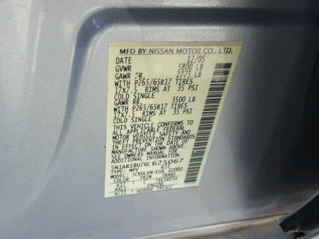 5N1AR18U76C625067 - 2006 NISSAN PATHFINDER SILVER photo 10