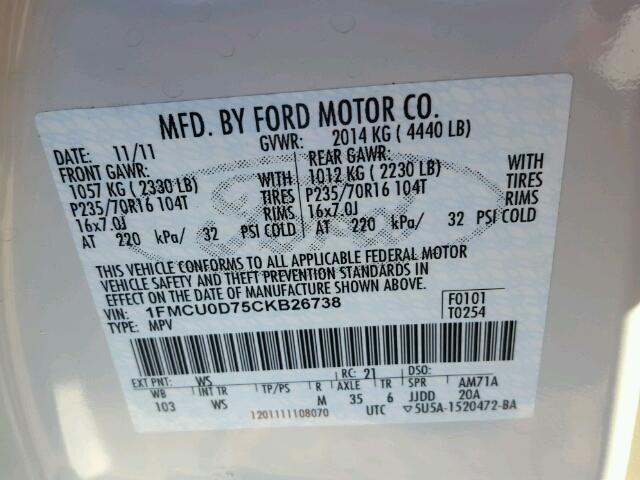 1FMCU0D75CKB26738 - 2012 FORD ESCAPE XLT WHITE photo 10