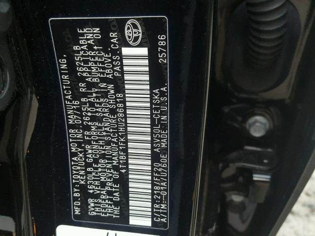 4T1BF1FK1HU286818 - 2017 TOYOTA CAMRY LE შავი ფოტო 10