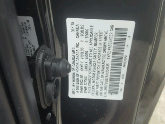 2HGFC3B79JH354935 - 2018 HONDA CIVIC EXL 黑色 照片 10