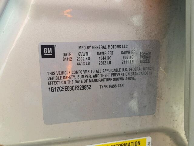 1G1ZC5E08CF329852 - 2012 CHEVROLET MALIBU 1LT ოქროსფერი ფოტო 10