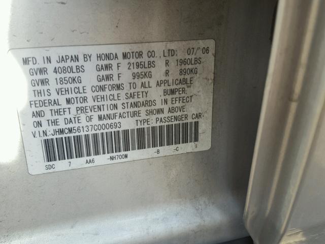 JHMCM56137C000693 - 2007 HONDA ACCORD VAL SILVER photo 10