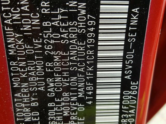 4T4BF1FK1CR199497 - 2012 TOYOTA CAMRY BASE წითელი ფოტო 10