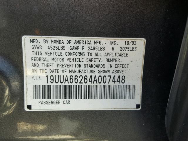 19UUA66264A007448 - 2004 ACURA TL GRAY photo 10