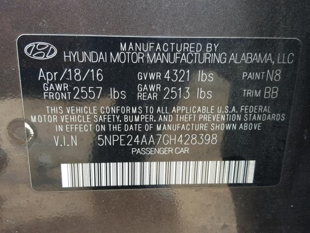 5NPE24AA7GH428398 - 2016 HYUNDAI SONATA ECO BROWN photo 10