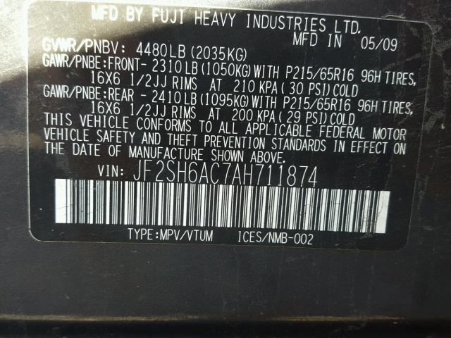 JF2SH6AC7AH711874 - 2010 SUBARU FORESTER 2 BLUE photo 10