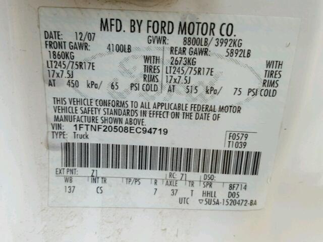 1FTNF20508EC94719 - 2008 FORD F250 SUPER WHITE photo 10