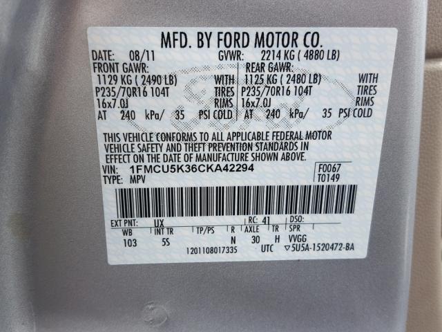 1FMCU5K36CKA42294 - 2012 FORD ESCAPE HYB SILVER photo 10