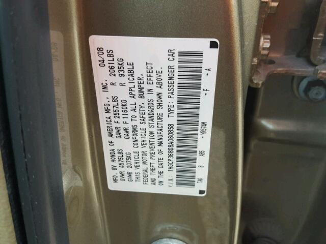 1HGCP36808A060858 - 2008 HONDA ACCORD GOLD photo 10