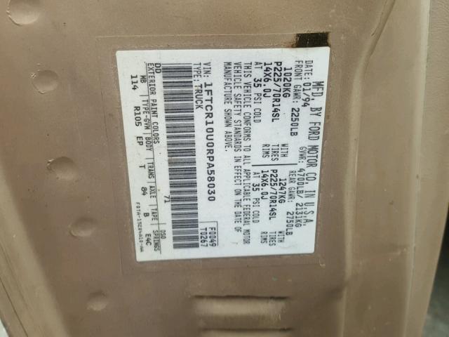 1FTCR10U0RPA58030 - 1994 FORD RANGER GOLD photo 10