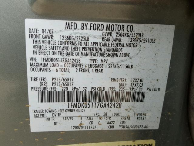 1FMDK05117GA42428 - 2007 FORD FREESTYLE SILVER photo 10