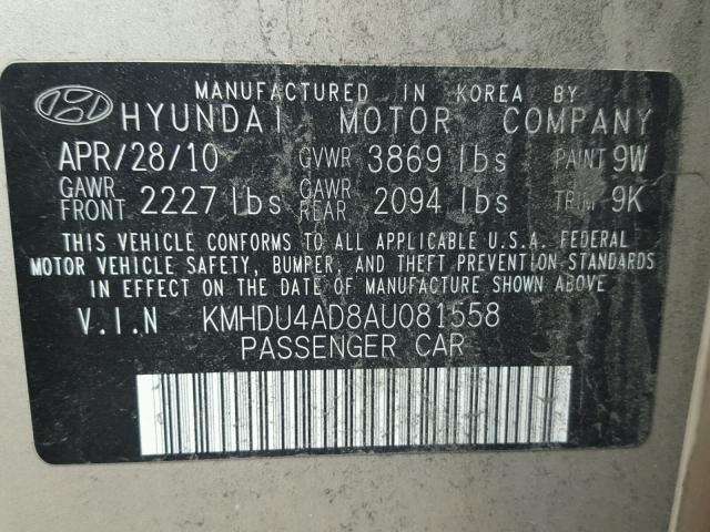 KMHDU4AD8AU081558 - 2010 HYUNDAI ELANTRA BL TAN photo 10