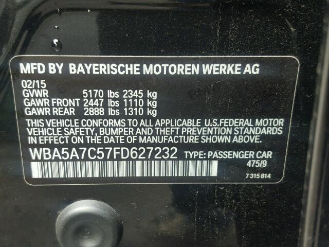 WBA5A7C57FD627232 - 2015 BMW 528 XI BLACK photo 10