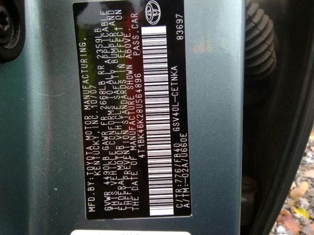 4T1BK46K28U564896 - 2008 TOYOTA CAMRY LE მწვანე ფოტო 10