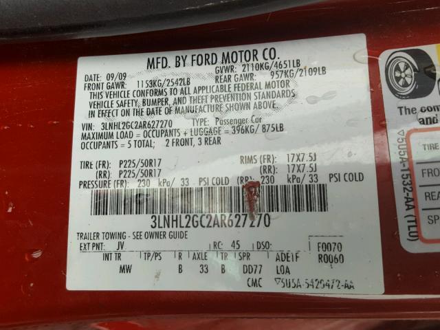 3LNHL2GC2AR627270 - 2010 LINCOLN MKZ წითელი ფოტო 10