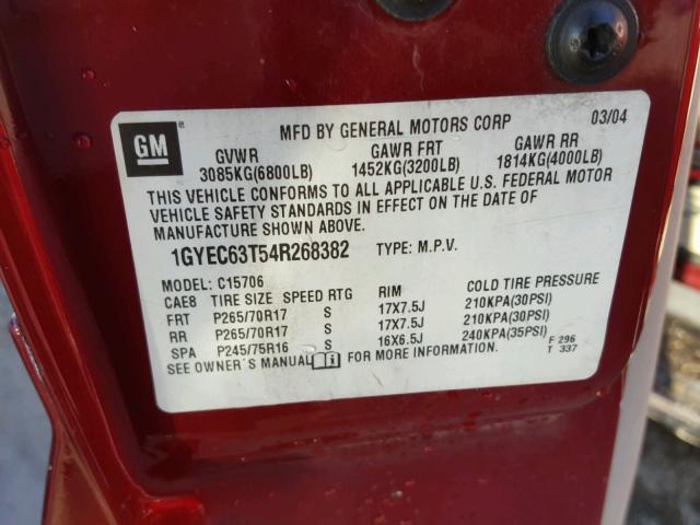 1GYEC63T54R268382 - 2004 CADILLAC ESCALADE L RED photo 10