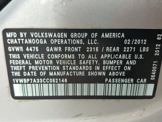 1VWBP7A33CC052146 - 2012 VOLKSWAGEN PASSAT SE SILVER photo 10