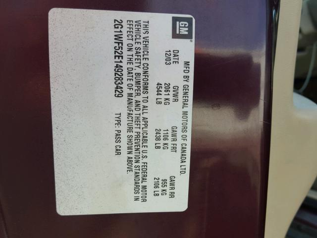 2G1WF52E149283429 - 2004 CHEVROLET IMPALA 栗色 照片 10