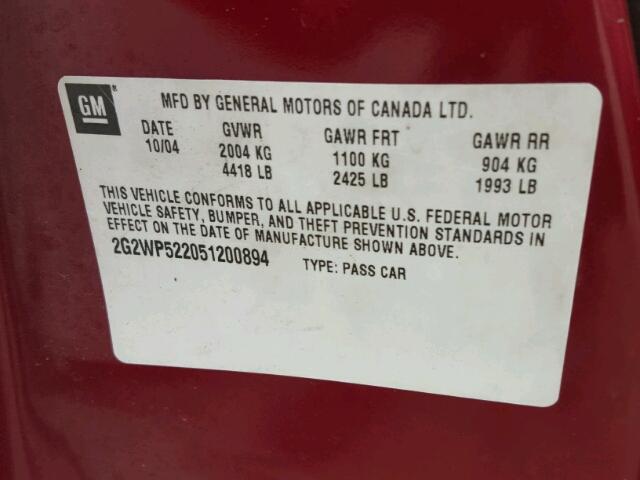 2G2WP522051200894 - 2005 PONTIAC GRAND PRIX RED photo 10