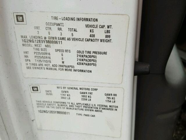 1G2NG12E9YM880611 - 2000 PONTIAC GRAND AM S 白色 照片 10